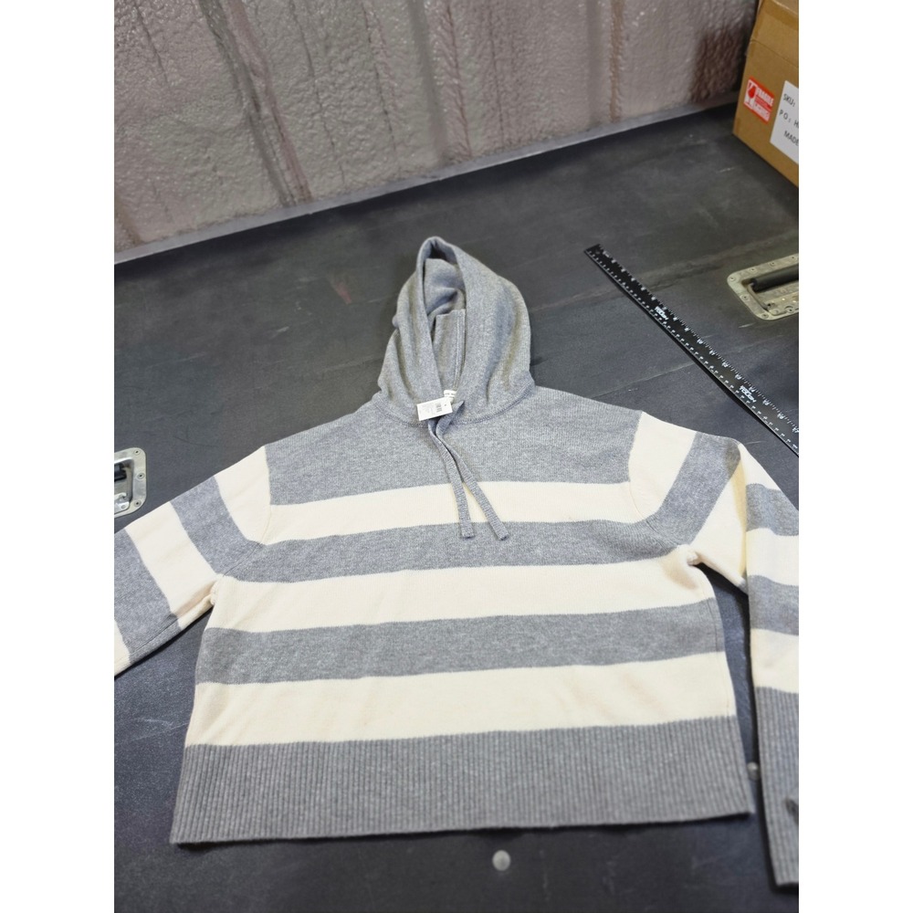 Club Monaco Relaxed Cashmere Hoodie Grey Cream Striped Wool Blend Sweater Small